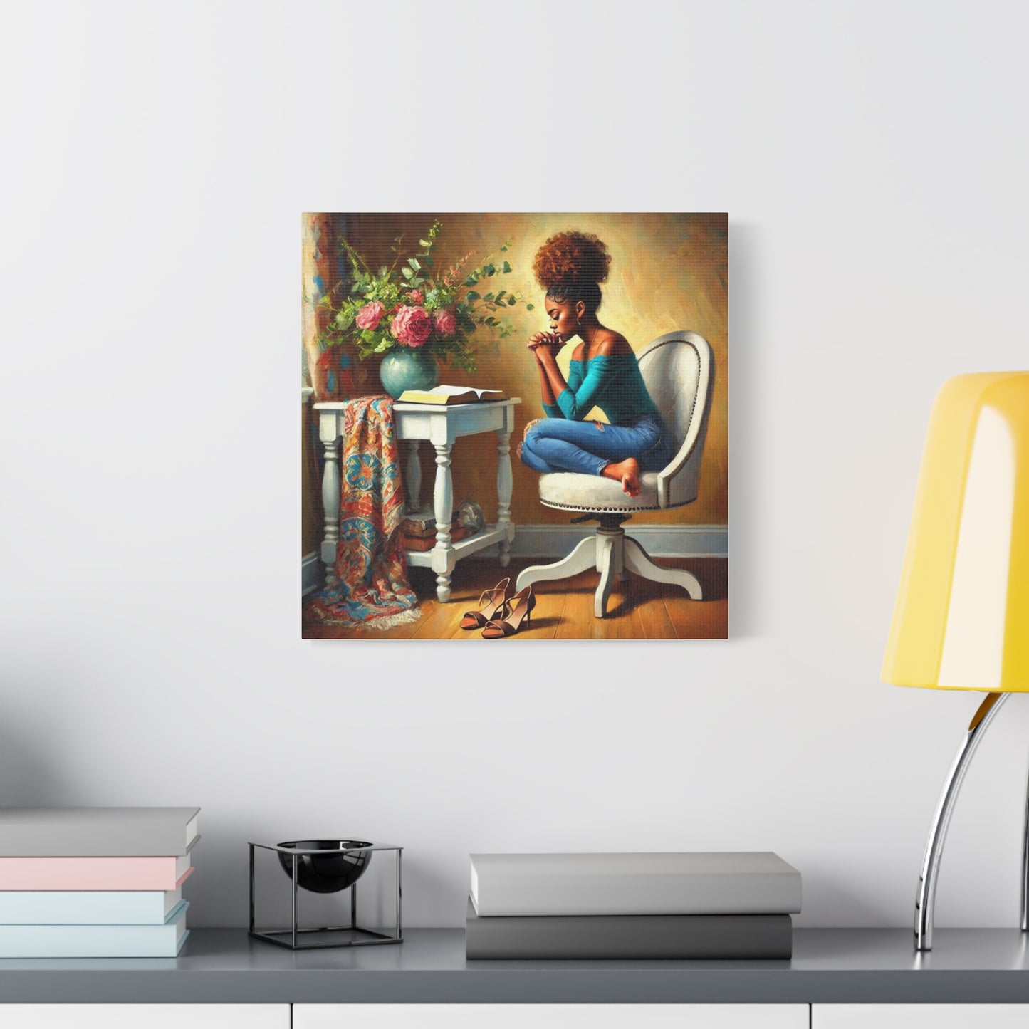 African American woman praying with Bible – Christian wall art canvas.