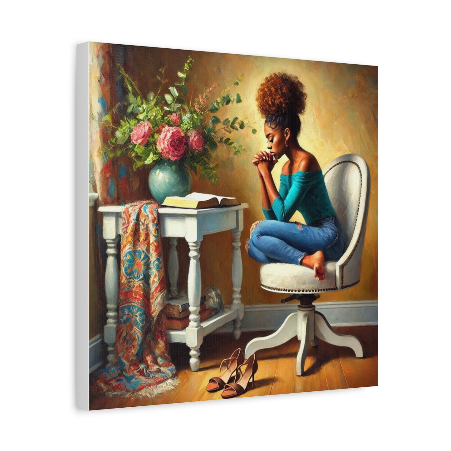 African American woman praying with Bible – Christian wall art canvas.