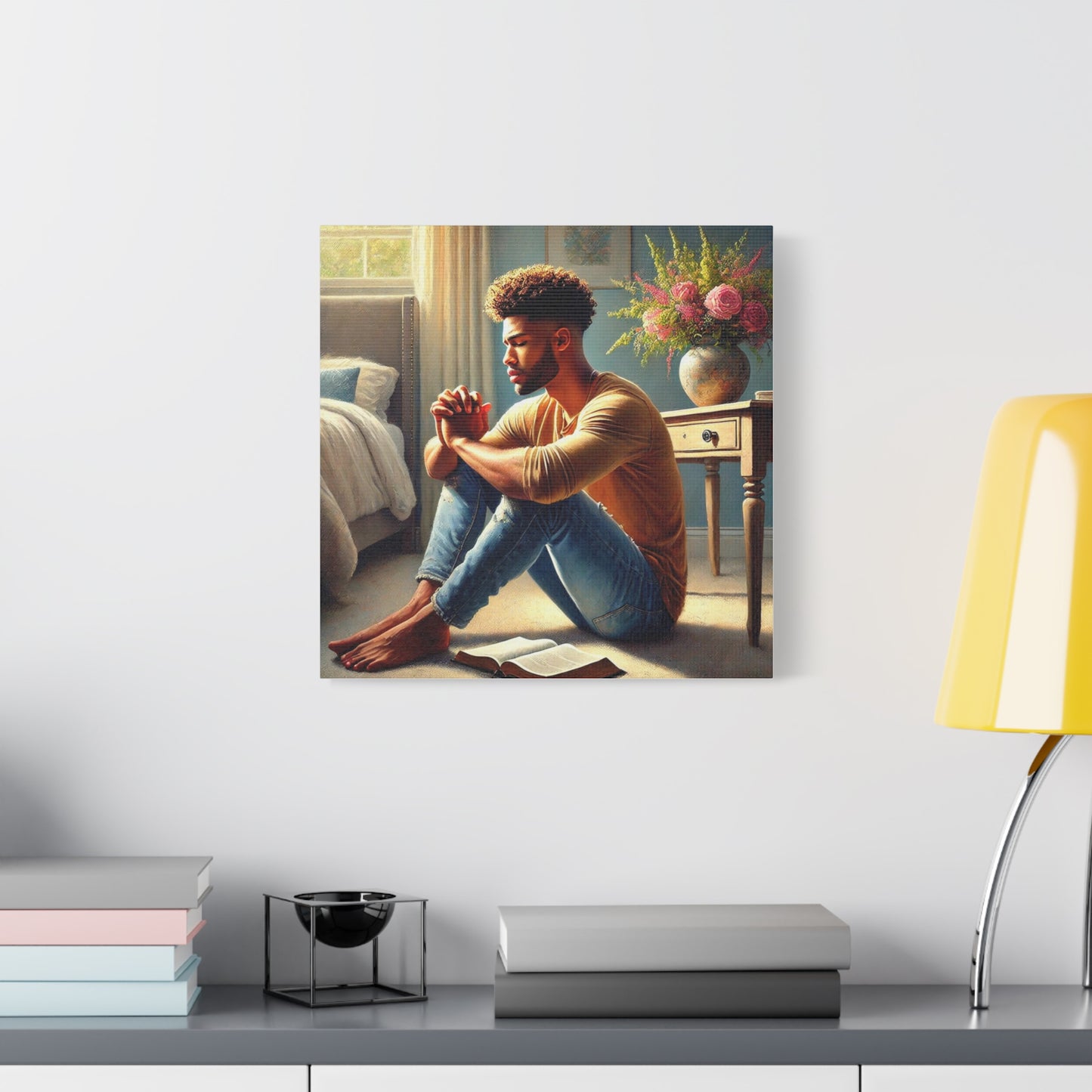 Canvas print of a black man sitting on a bed in a bedroom setting.