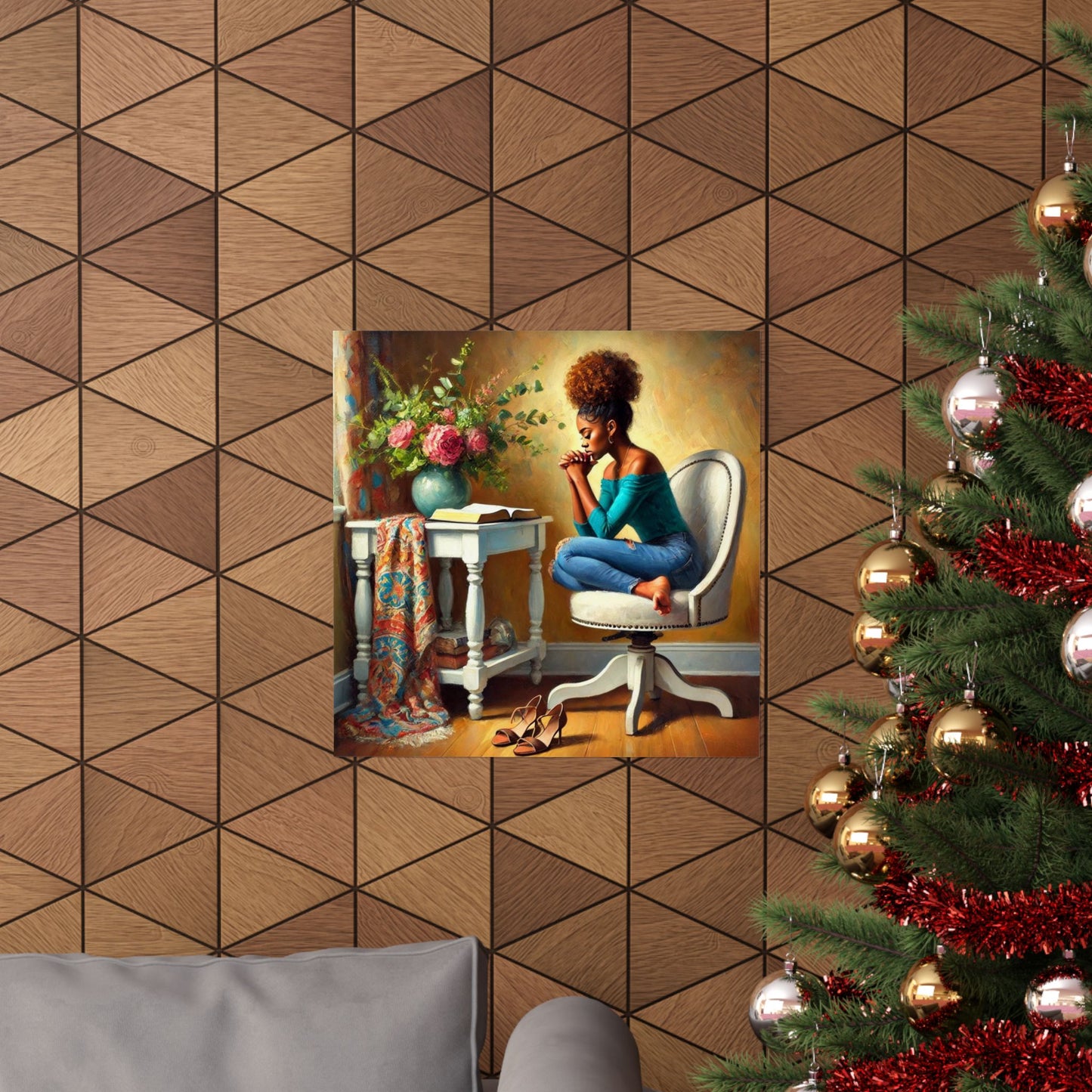 African American woman praying with Bible – Christian wall art poster.