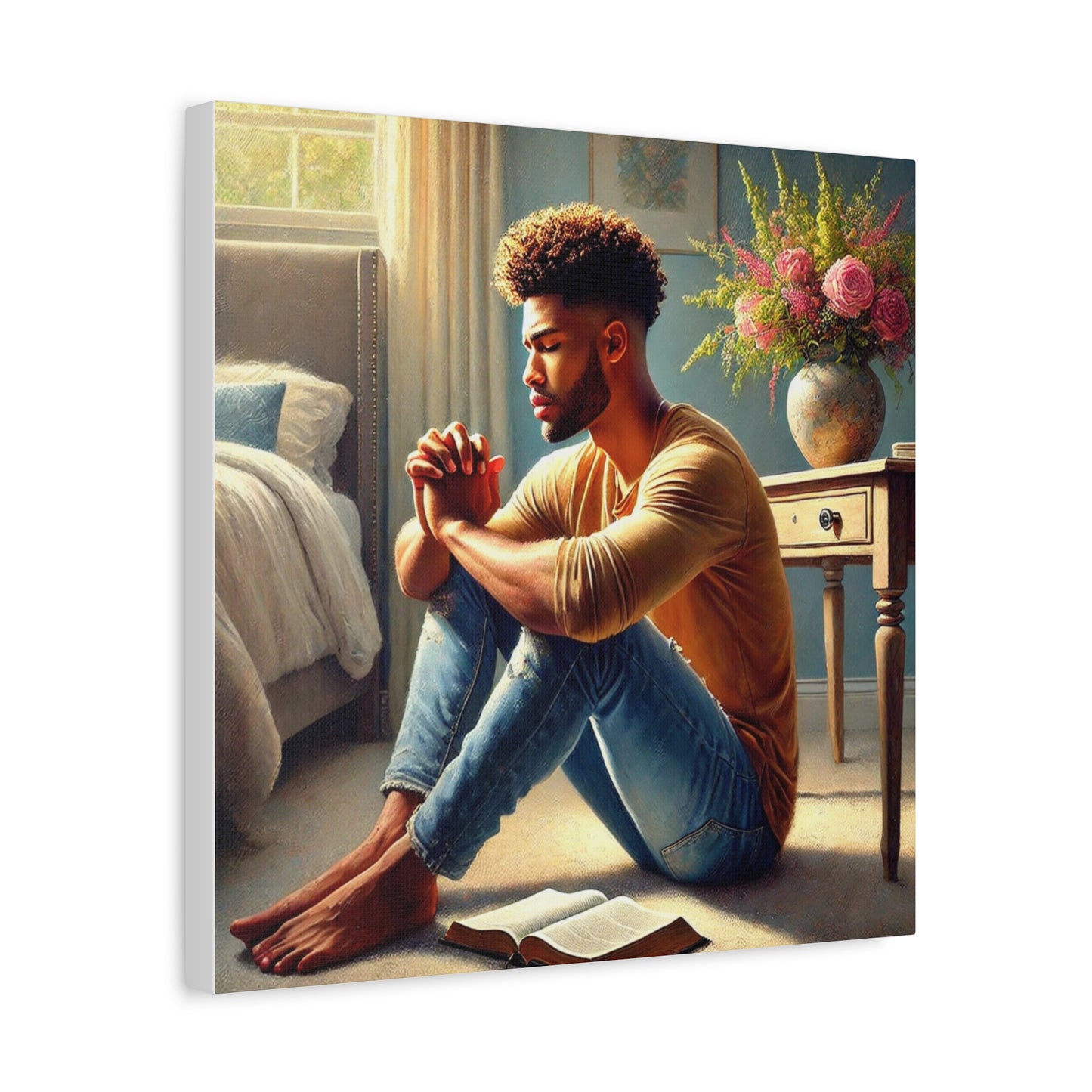 Man sitting on the floor with a bible and flowers in a room.