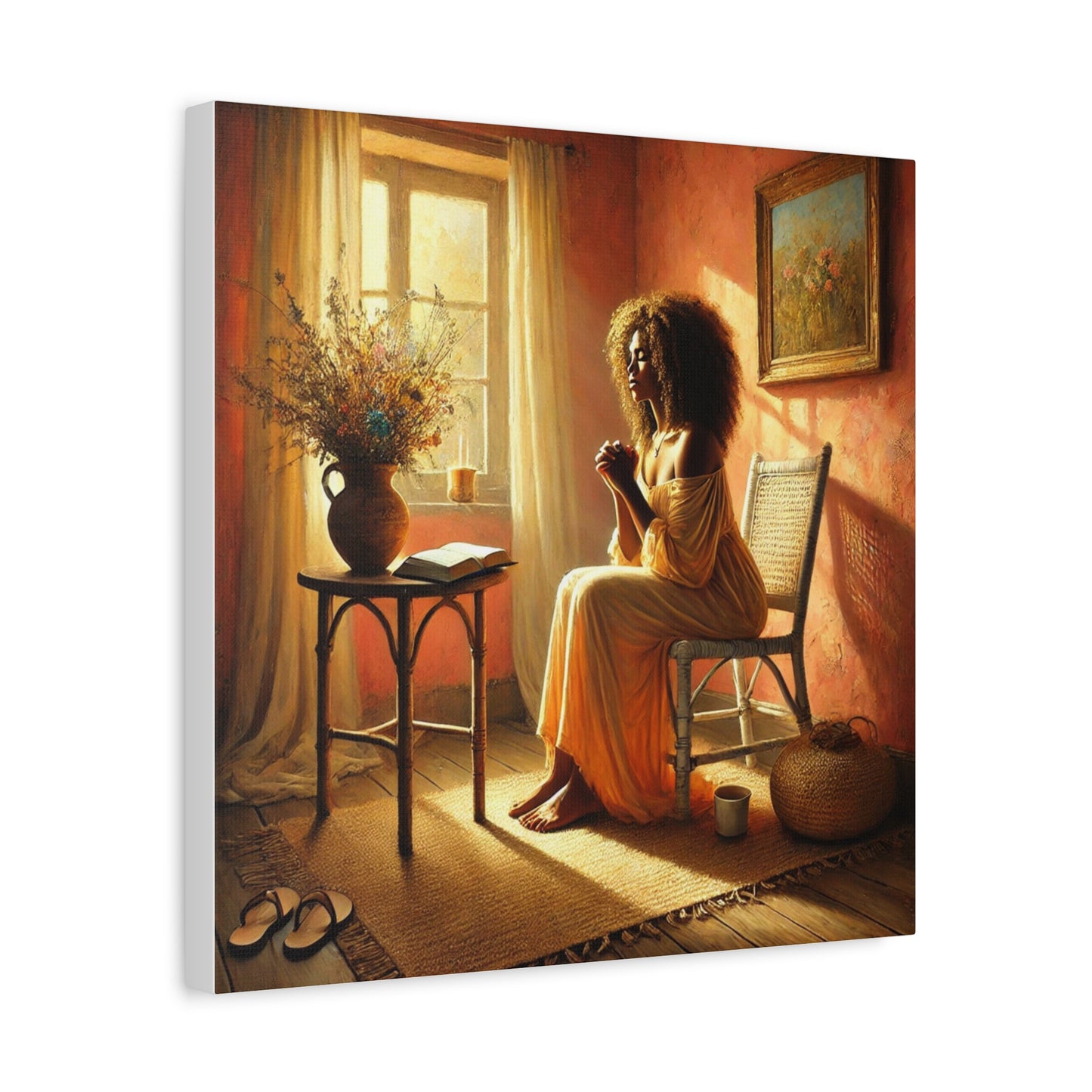 Black Woman in a yellow dress sitting by a window in a warm-toned room.