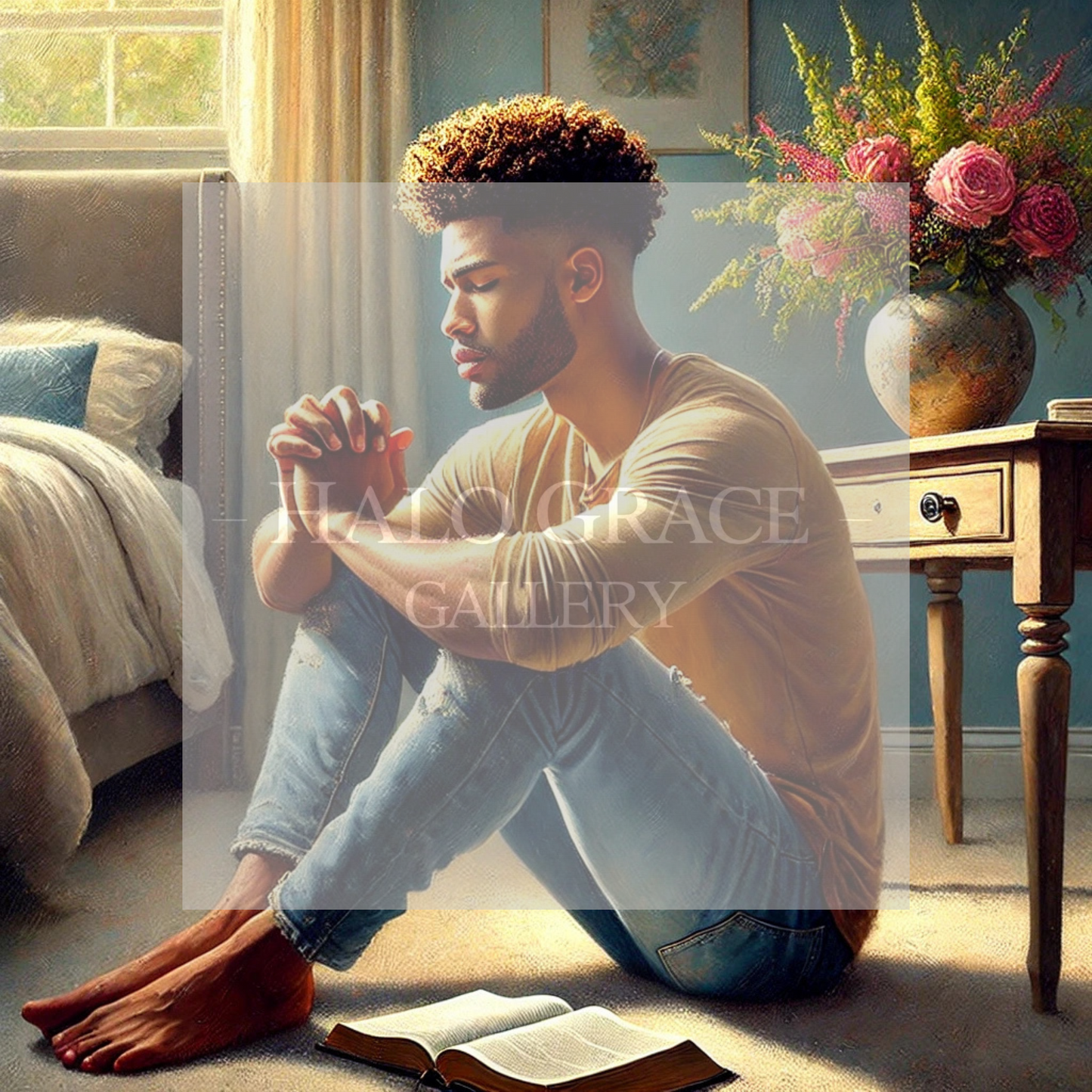 Black Man sitting on the floor with a bible, praying.