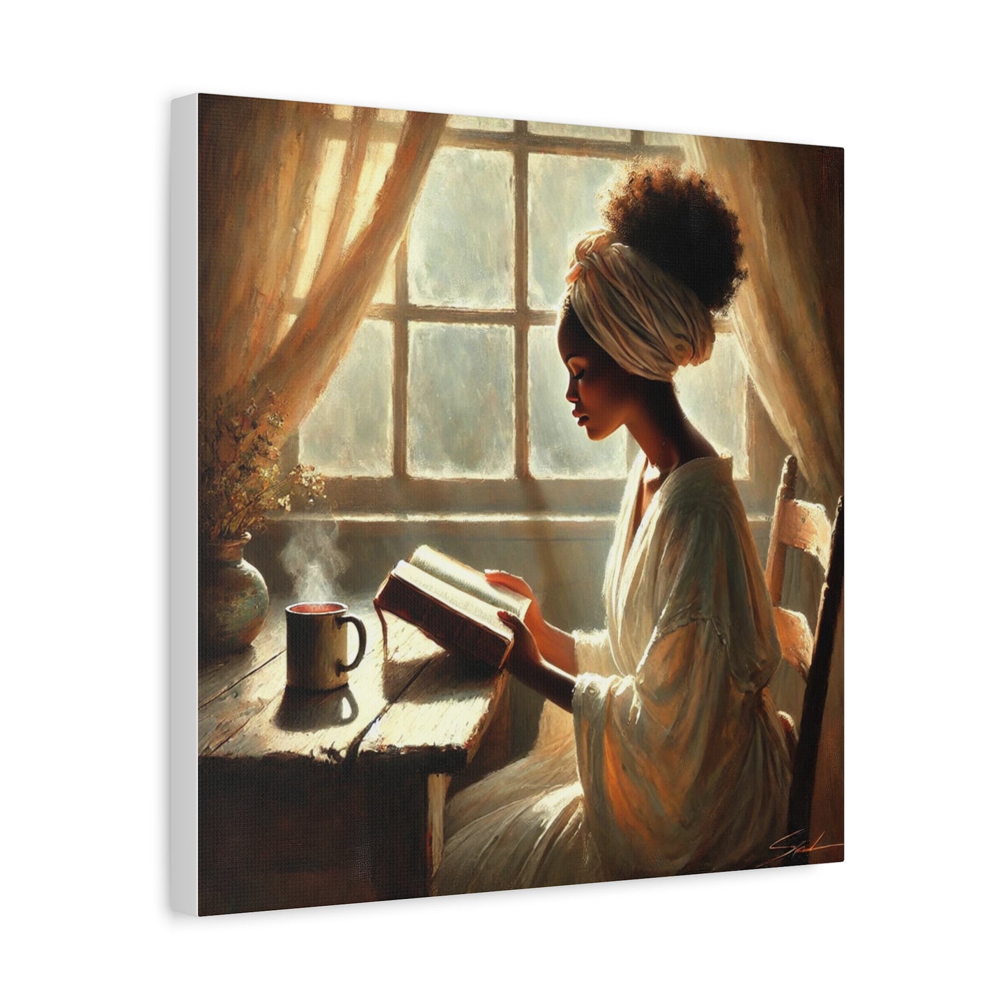 Woman reading a book by a window with a cup of coffee