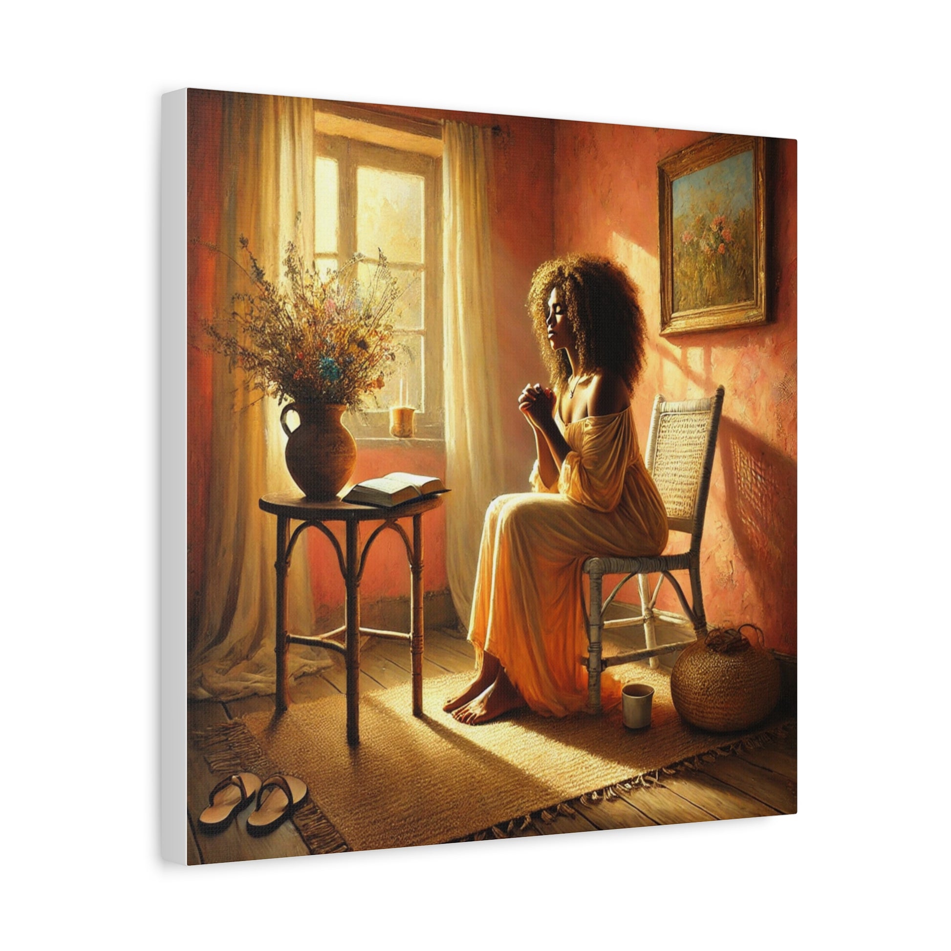 Black Woman in a yellow dress sitting by a window in a warm-toned room.
