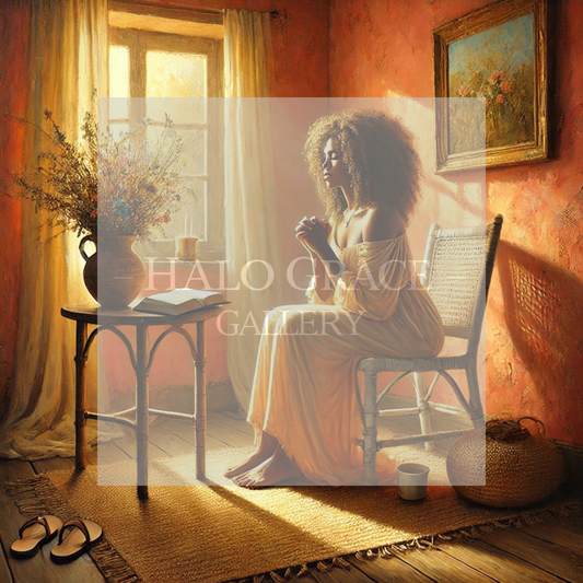 Black Woman in a yellow dress sitting in a warm, sunlit room with a painting and vase in the background.