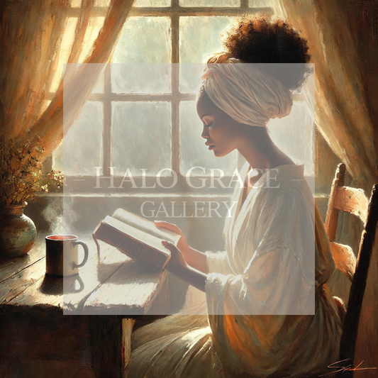 Woman reading a book in a warm, sunlit room with 'Halo Grace Gallery' branding.
