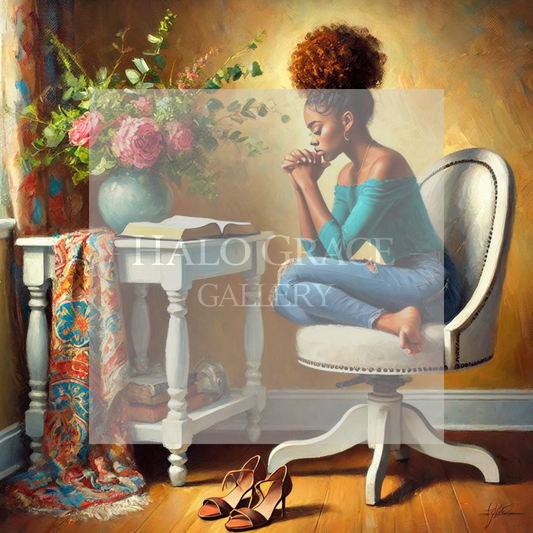 African American woman praying with Bible – Christian wall art poster.